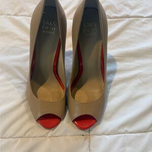 Saks Fifth Avenue Tan and Red Peep Toe Heels